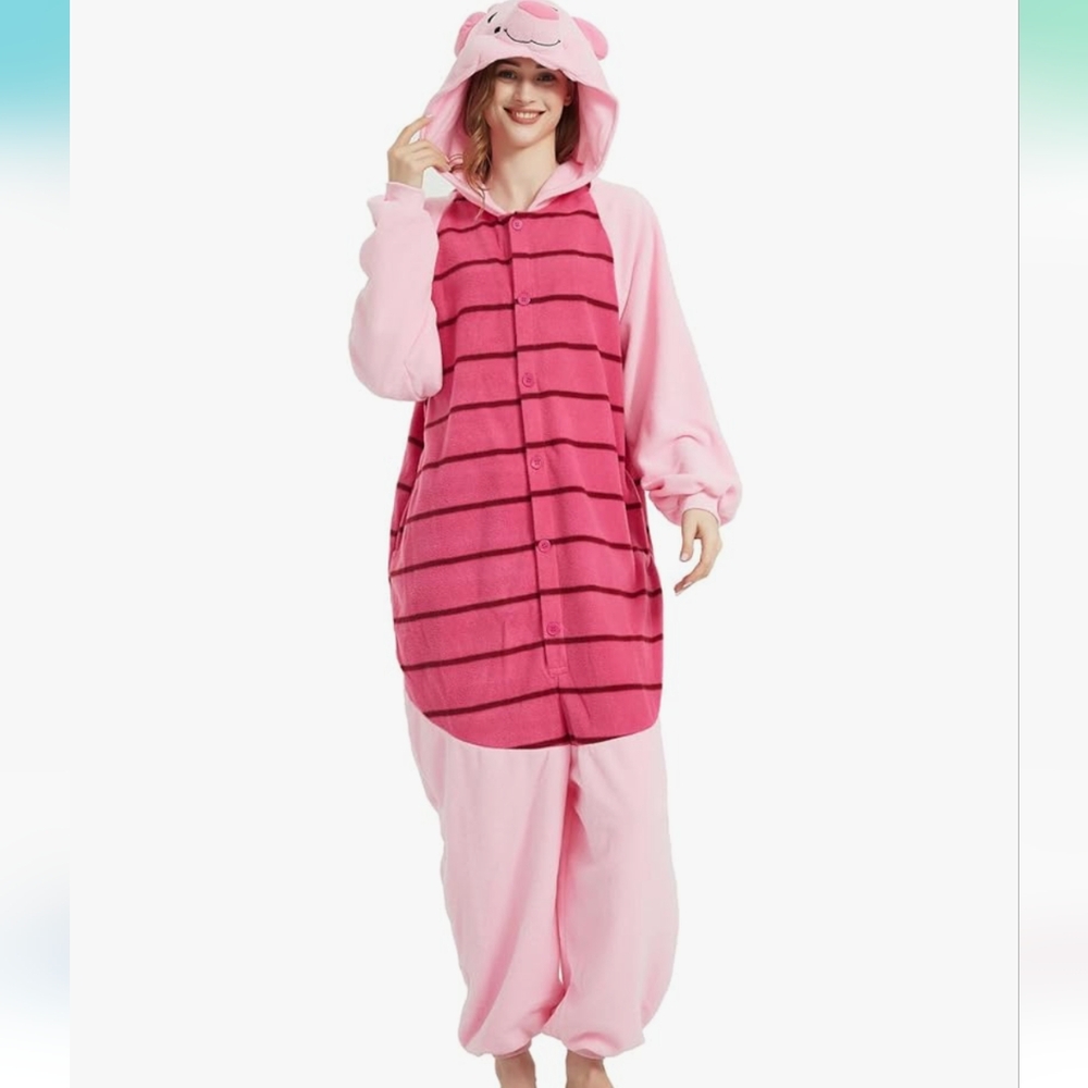 Pink Striped Hooded Women's Onesie Pajama